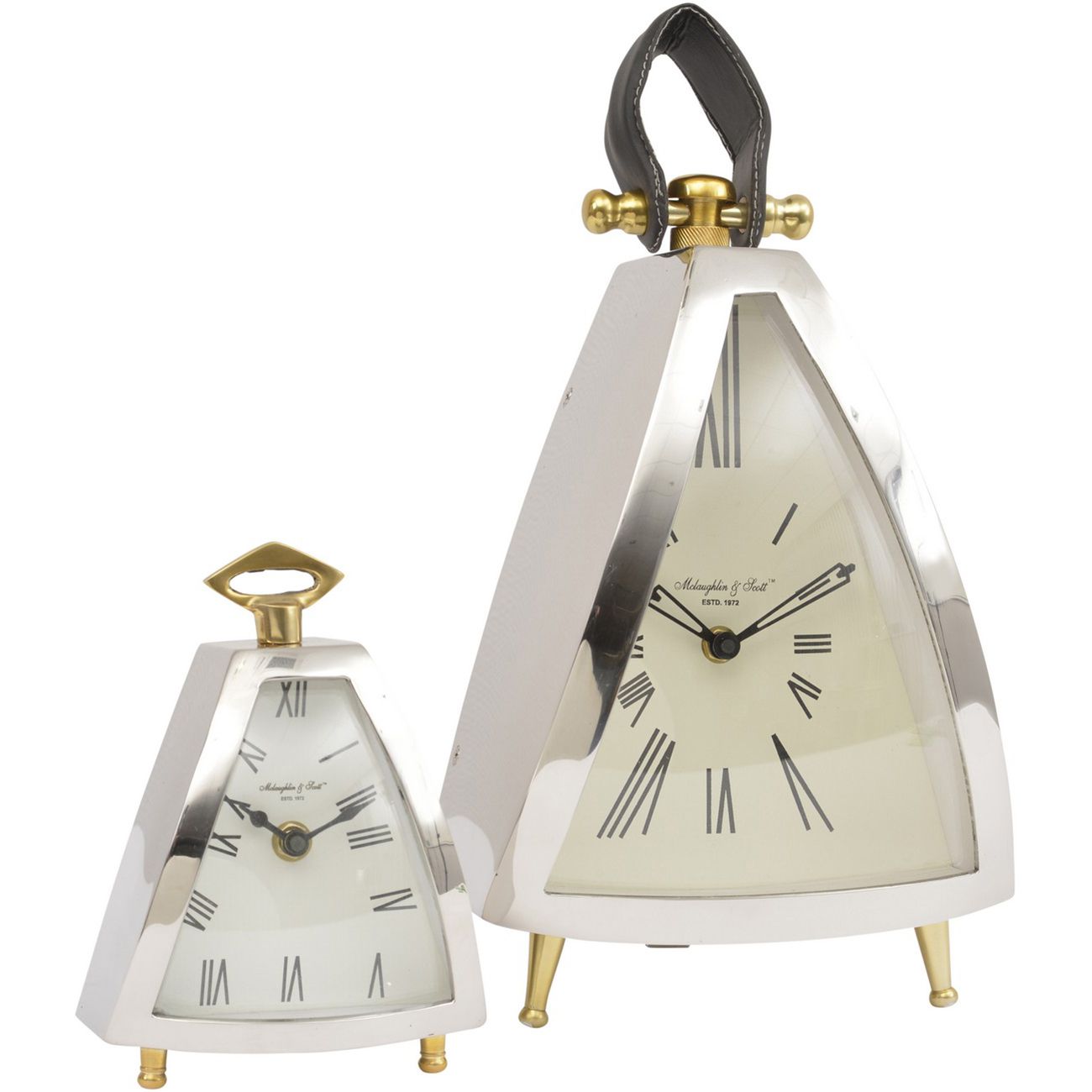 Isosceles Curved Front Chrome & Gold Mantel Clock with Leather Handle